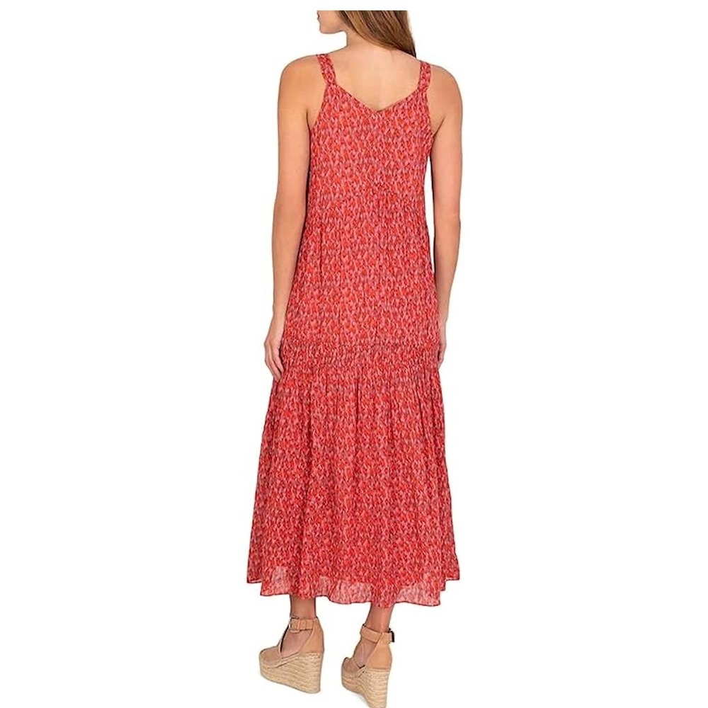 Joie Red Pink Abstract Print Tiered 100% Cotton Lined Maxi Dress Size L (D757) - Picture 4 of 9
